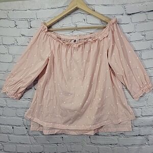 Elle Blouse Womens Size XL Ruffle Off-The Shoulder Pink Striped Peasant Top